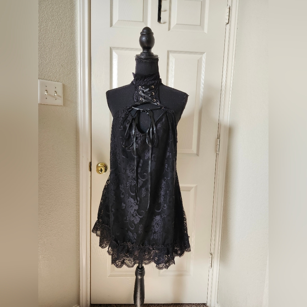 Widow Black Lace Up Choker Floral Lace Slip Mini Dress Open Back - Goth XXL - Picture 6 of 12
